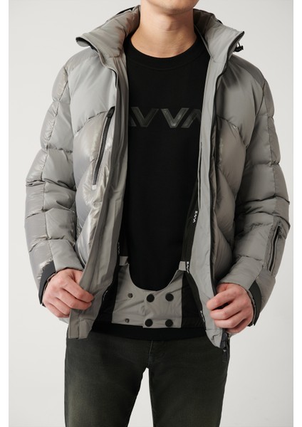 Erkek Gri Su İtici Kumaşlı Çıkma Kapüşonlu Şişme Mont A32Y6014