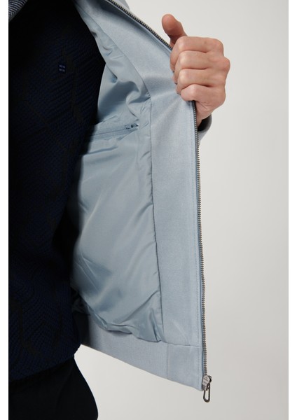 Erkek Mavi Bomber Yaka Fermuarlı Süet Görünümlü İnce Mont A32Y6040