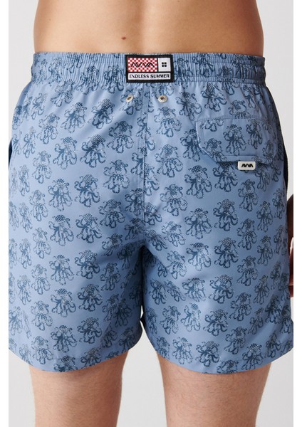 Gri Hızlı Kuruyan Küçük Ahtapot Baskılı Standart Boy Özel Kutulu Comfort Fit Mayo Deniz Şortu