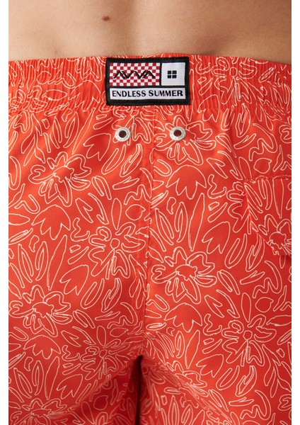 Turuncu Hızlı Kuruyan Çiçek Baskılı Standart Boy Özel Kutulu Comfort Fit Mayo Deniz Şortu