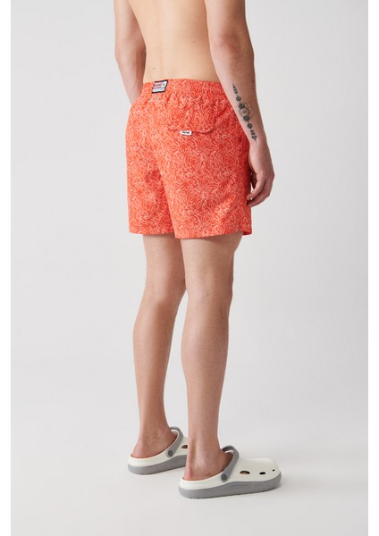 Turuncu Hızlı Kuruyan Çiçek Baskılı Standart Boy Özel Kutulu Comfort Fit Mayo Deniz Şortu