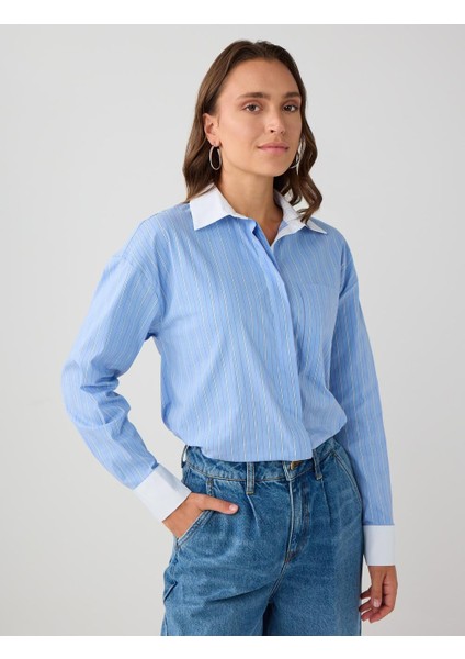Açık Mavi Çizgi Desenli Uzun Kollu Dokuma Gömlek