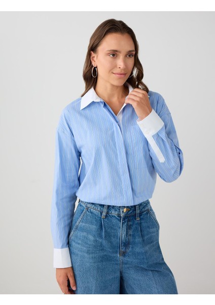 Açık Mavi Çizgi Desenli Uzun Kollu Dokuma Gömlek modelleri