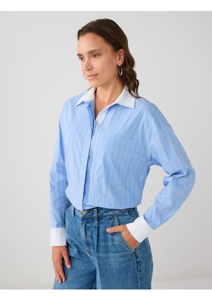 Açık Mavi Çizgi Desenli Uzun Kollu Dokuma Gömlek fırsatları