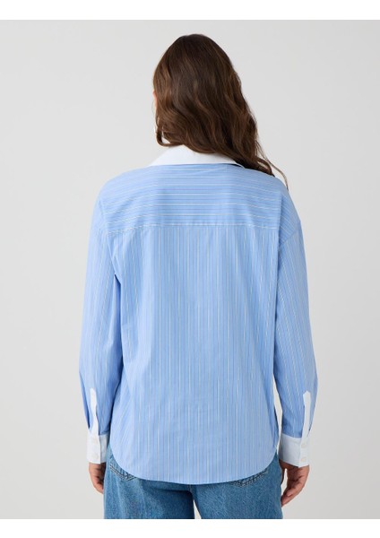 Açık Mavi Çizgi Desenli Uzun Kollu Dokuma Gömlek indirimleri