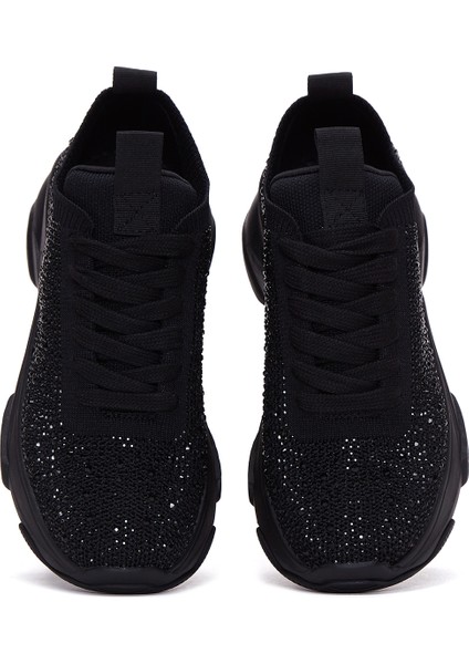 Zero Kadın Siyah Bağcıklı Kalın Tabanlı Taşlı Kumaş Sneaker 25AFD43006F