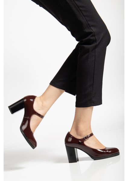 Kadın Hakiki Deri Bantlı Topuklu Ayakkabı - Bordo Rugan fiyatları