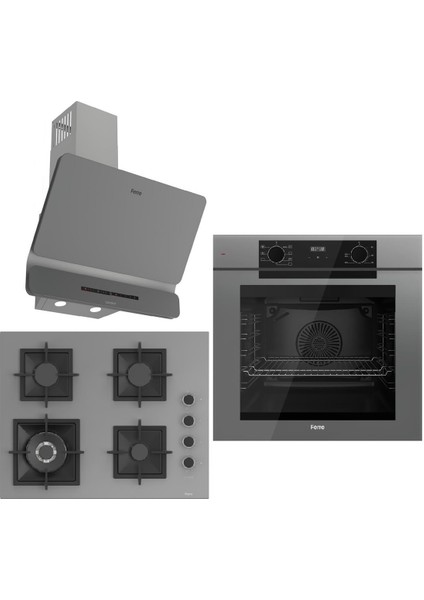 Grey FryArt 3 Lü Ankastre Set ( QEP63CPR - SC408-WFA - D082-SA ) A++ Sessiz Davlumbaz - 65 cm Wok Bek Ocak