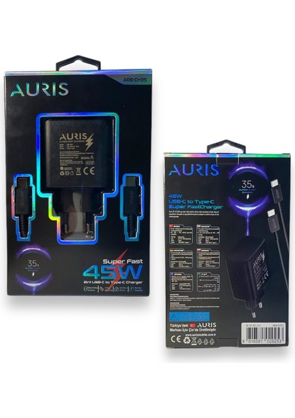 Auris 45 W Type C Hızlı Şarj Aleti Cihazı Seti 1 Mt. Typec To Typec Kablo +Usb C Kafa Xiaomi Redmi Samsung modelleri