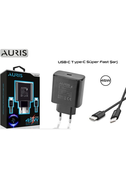 Auris 45 W Type C Hızlı Şarj Aleti Cihazı Seti 1 Mt. Typec To Typec Kablo +Usb C Kafa Xiaomi Redmi Samsung fırsatları