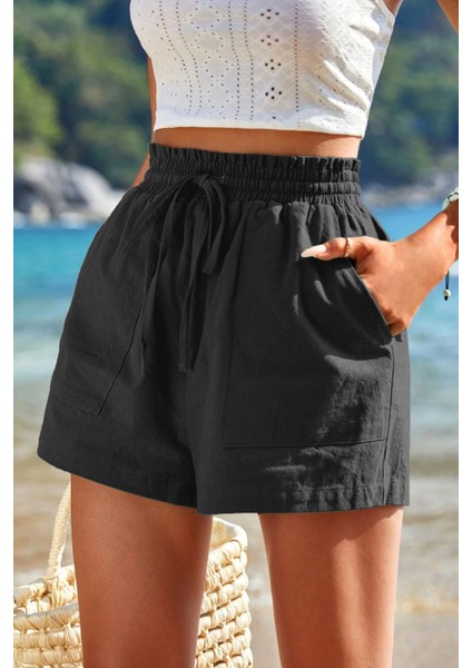 Kadın Bambu Keten Iç Göstermez Cepli Beli Bağcıklı Tatil Günlük Şort