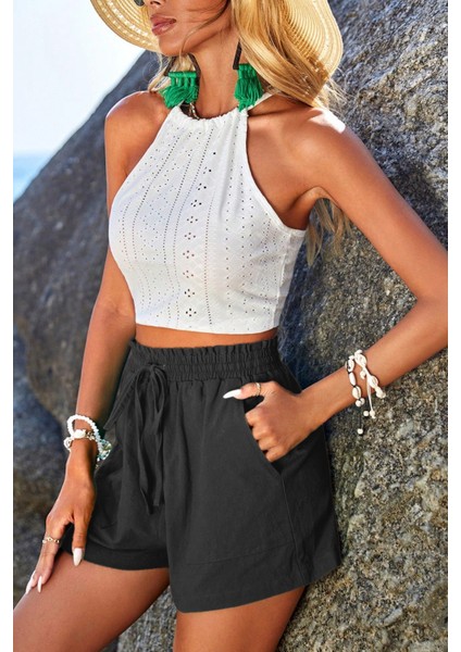 Kadın Bambu Keten Iç Göstermez Cepli Beli Bağcıklı Tatil Günlük Şort modelleri