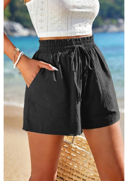 Kadın Bambu Keten Iç Göstermez Cepli Beli Bağcıklı Tatil Günlük Şort indirimleri