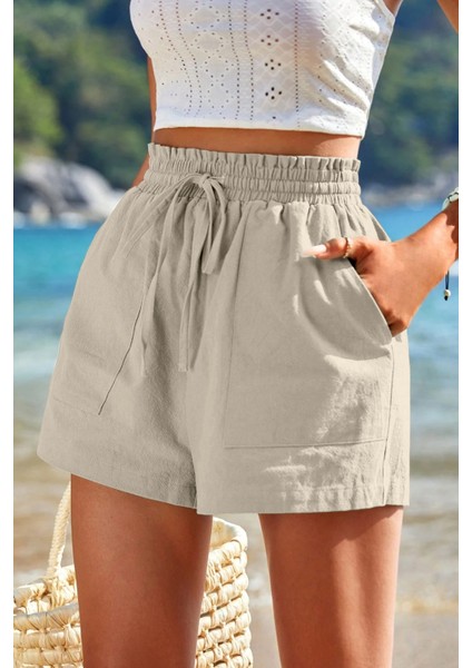 Kadın Bambu Keten Iç Göstermez Cepli Beli Bağcıklı Tatil Günlük Şort