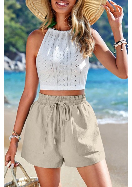 Kadın Bambu Keten Iç Göstermez Cepli Beli Bağcıklı Tatil Günlük Şort fırsatları