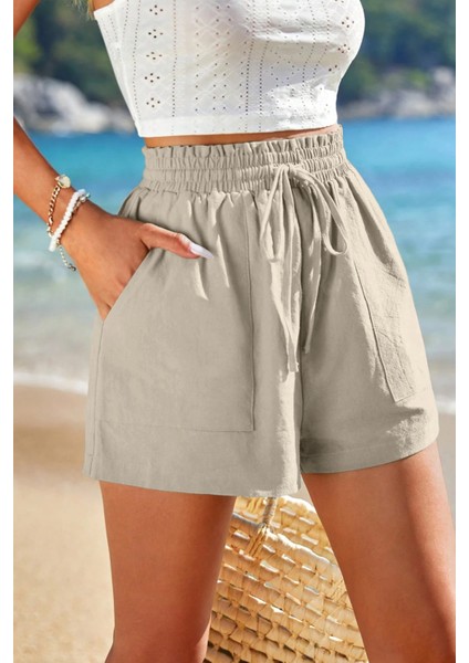 Kadın Bambu Keten Iç Göstermez Cepli Beli Bağcıklı Tatil Günlük Şort indirimleri