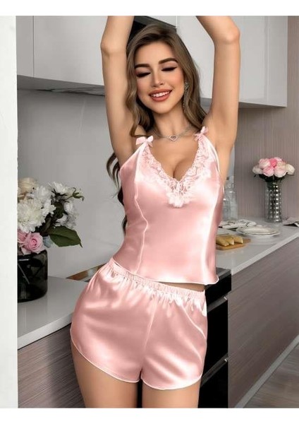 Pembe Dantel Işlemeli Ince Askılı Saten Şortlu Takım fiyatları