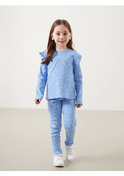 Lcw Kids Mavi Bisiklet Yaka Çiçekli Kız Çocuk Bluz ve Tayt 2'li