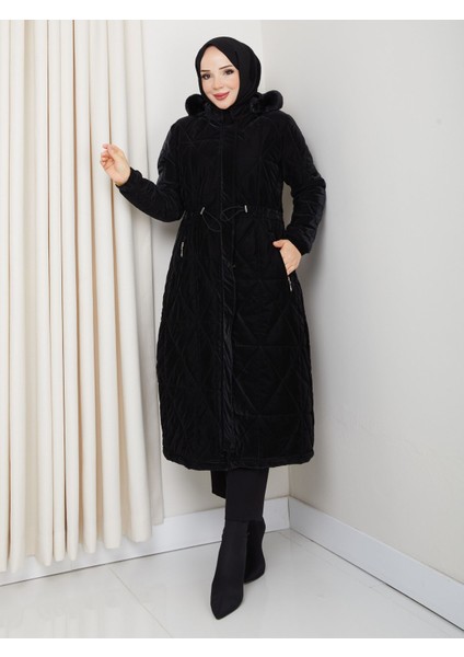 Kadın Tam Dolgulu Bel Bağcıklı Kol Lastikli Nova Kumaş Genç ve Spor Ara Boy Tesettür Mont 0216