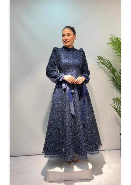 Tesettür Abiye Elbise - Tamamı Simli Işlemeli Uzun Kollu, Özel Gün Düğün Davetlik