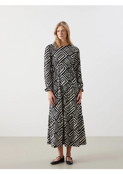 Lcw Comfort Siyah Bisiklet Yaka Desenli Kadın Elbise