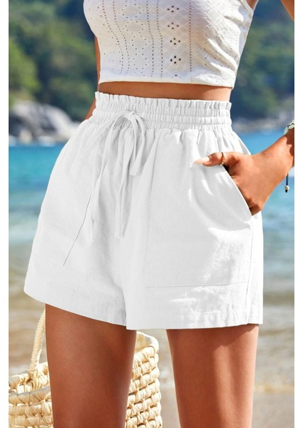 Kadın Bambu Keten Iç Göstermez Cepli Beli Bağcıklı Tatil Günlük Şort