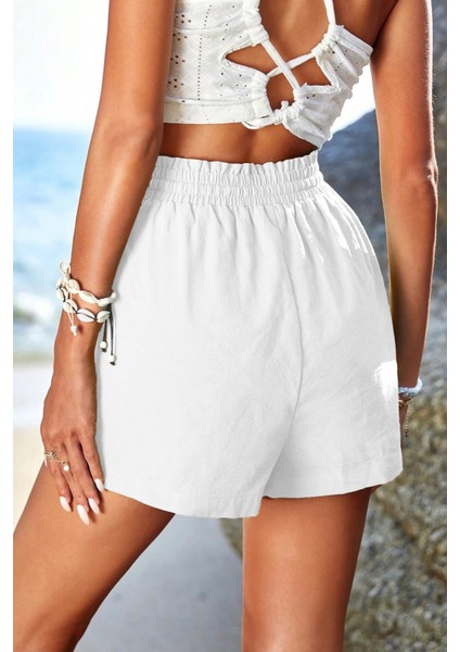 Kadın Bambu Keten Iç Göstermez Cepli Beli Bağcıklı Tatil Günlük Şort fiyatları
