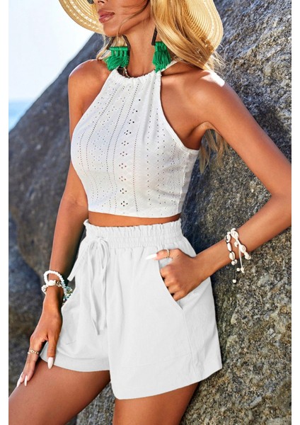 Kadın Bambu Keten Iç Göstermez Cepli Beli Bağcıklı Tatil Günlük Şort modelleri
