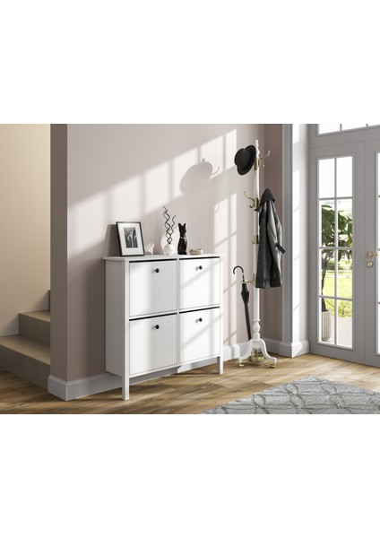 Hunerika Limma 4 Kapaklı Ayakkabılık -Wood Beyaz-Minifiks Bağlantılı