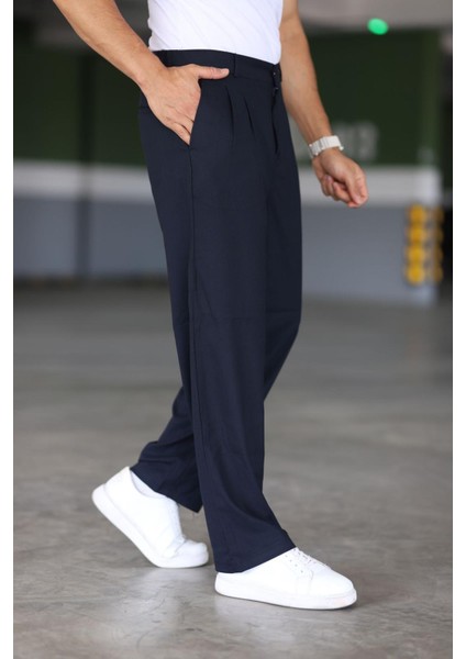 Baggy Çift Pileli Lacivert Renk Beli Lastikli Kaliteli Rahat Kesim Klasik Bol Paça Baggy Pantolon fiyatları