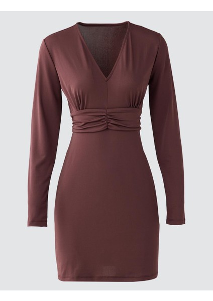 Kahverengi V Yaka Uzun Kollu Beli Büzgü Detaylı Mini Elbise