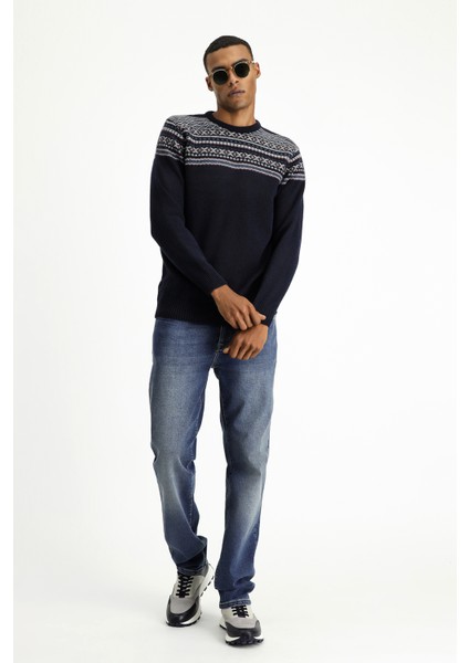 Bisiklet Yaka Slim Fit Dar Kesim Yünlü Desenli Triko Kazak