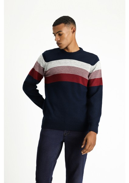 Bisiklet Yaka Regular Fit Çizgili Triko Kazak