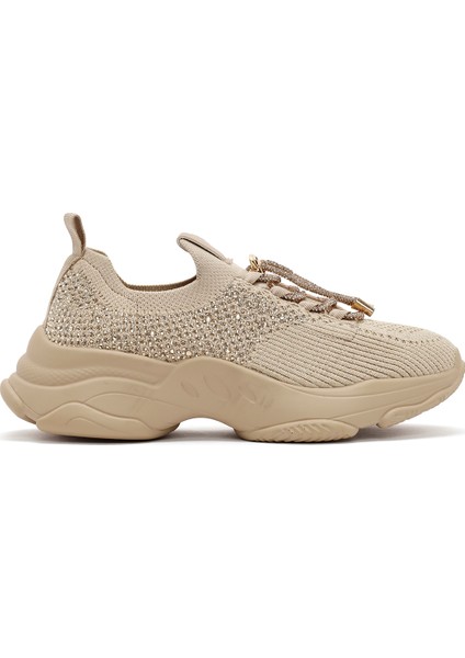 Zero Kadın Bej Bağcıklı Taş Detaylı Kumaş Sneaker 25AFD43026F