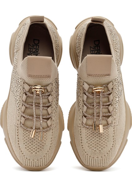Zero Kadın Bej Bağcıklı Taş Detaylı Kumaş Sneaker 25AFD43026F