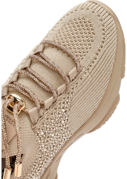 Zero Kadın Bej Bağcıklı Taş Detaylı Kumaş Sneaker 25AFD43026F