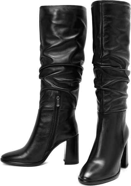 Kadın Siyah Fermuarlı Kalın Topuklu Deri Çizme 25WFD281118 indirimleri