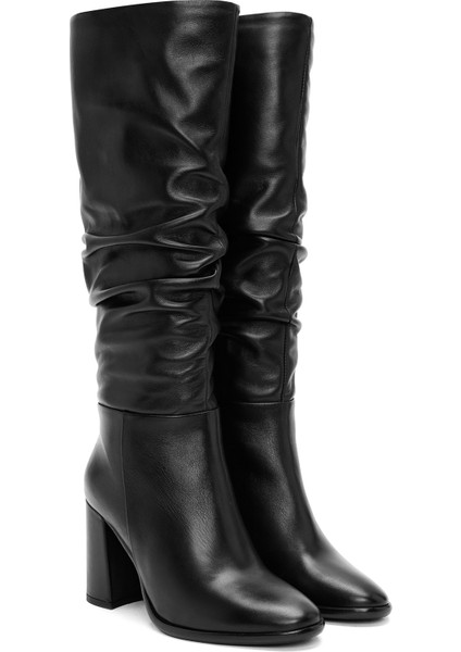 Kadın Siyah Fermuarlı Kalın Topuklu Deri Çizme 25WFD281118