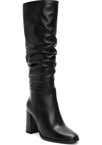 Kadın Siyah Fermuarlı Kalın Topuklu Deri Çizme 25WFD281118