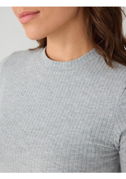 Gri Melanj Bisiklet Yaka Kısa Kollu Örme Midi Elbise fırsatları