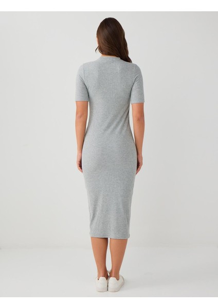 Gri Melanj Bisiklet Yaka Kısa Kollu Örme Midi Elbise indirimleri