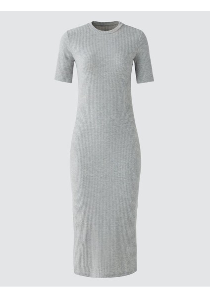 Gri Melanj Bisiklet Yaka Kısa Kollu Örme Midi Elbise