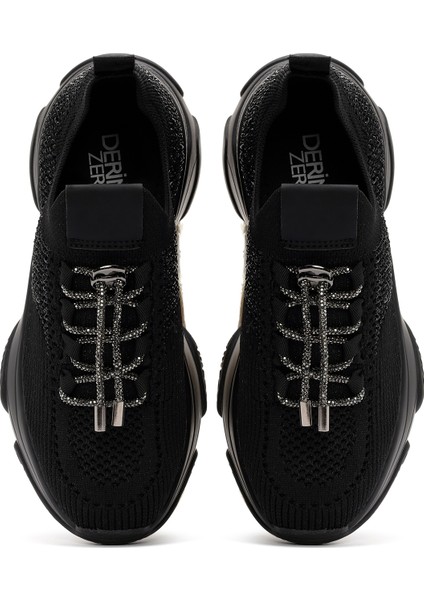 Zero Kadın Siyah Bağcıklı Taş Detaylı Kumaş Sneaker 25AFD43026F