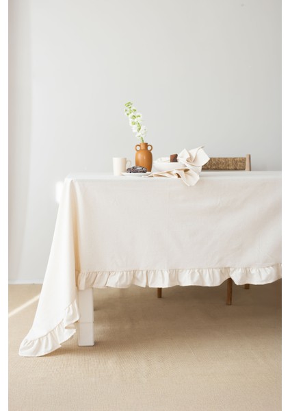 Doku | Fırfırlı Keten Bej Masa Örtüsü 100X 100 cm fiyatları