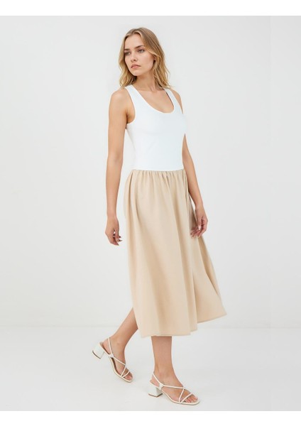 Bej U Yaka Kolsuz Midi Örme Elbise