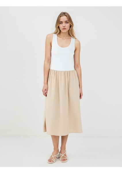 Bej U Yaka Kolsuz Midi Örme Elbise modelleri