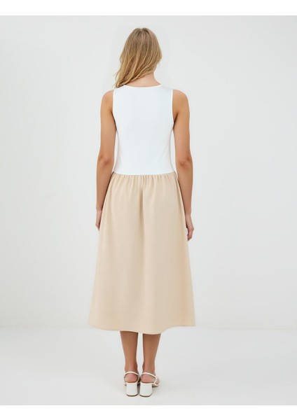 Bej U Yaka Kolsuz Midi Örme Elbise indirimleri