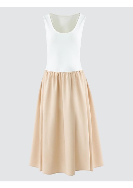 Bej U Yaka Kolsuz Midi Örme Elbise