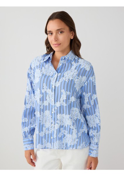 Mavi Uzun Kollu Floral Desenli Dokuma Gömlek