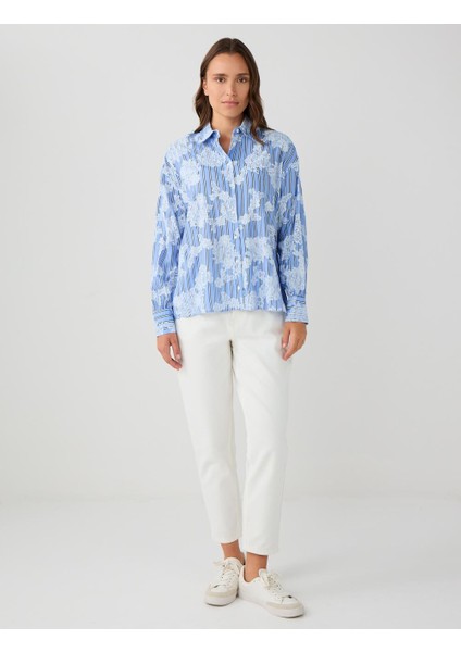 Mavi Uzun Kollu Floral Desenli Dokuma Gömlek fiyatları